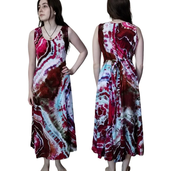 Small Maxi Length Tie Back Sleeveless Dress Geode Tie Dye Raspberry Lace - Picture 4 of 9